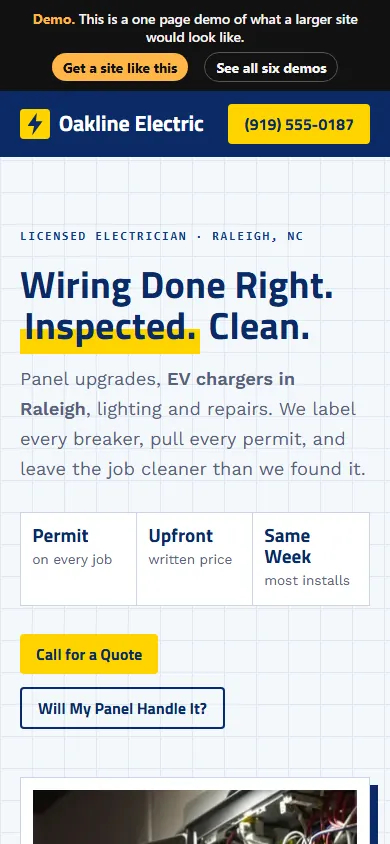 Electrician website design on a phone