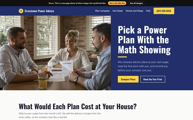 Energy Choice Advisor website design, Kilowatt Clear style, desktop view