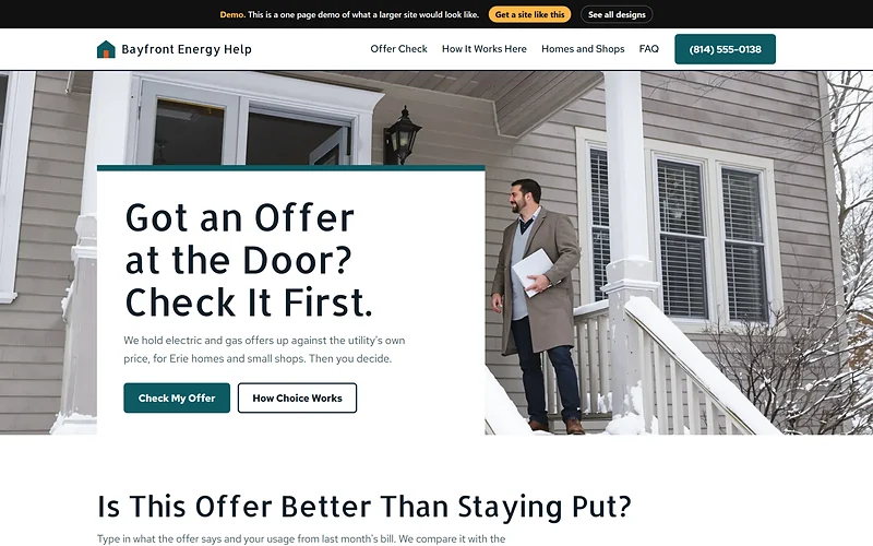 Energy Choice Advisor website design, Snowbelt Plain style, desktop view
