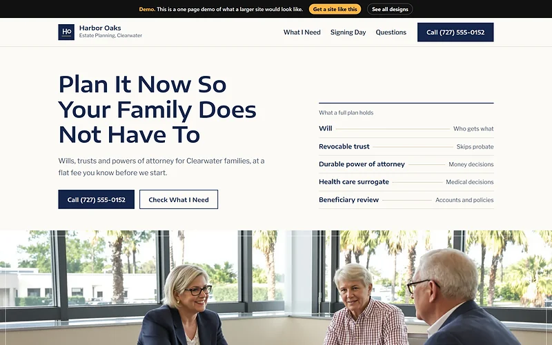 Estate Planning website design, Ivory Ledger style, desktop view