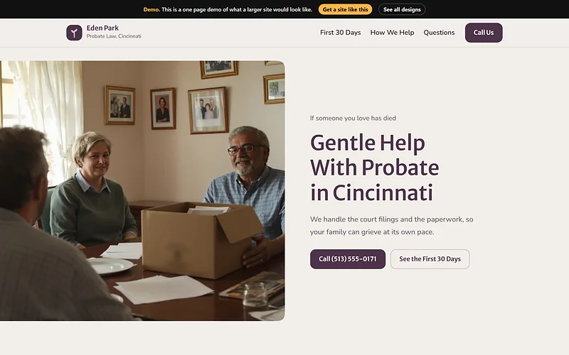 Probate website design, Plum and Stone style, desktop view