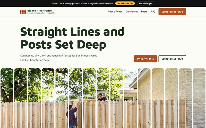 Fencing website design, Cedar Picket Line style, desktop view