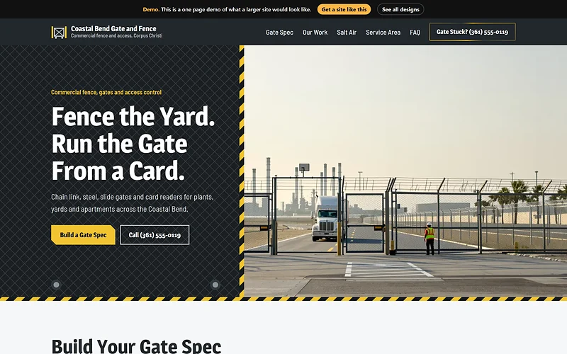 Commercial Fencing and Access Control website design, Galvanized Gate Leaf style, desktop view