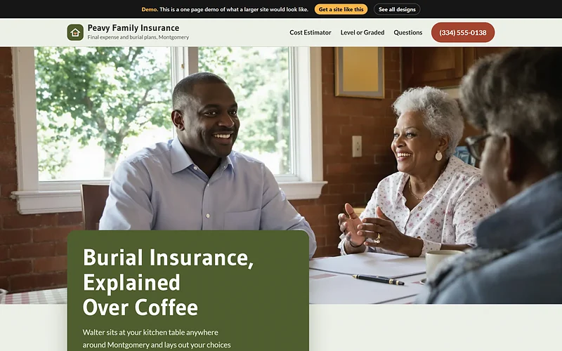 Final Expense Insurance website design, Kitchen Table Talk style, desktop view