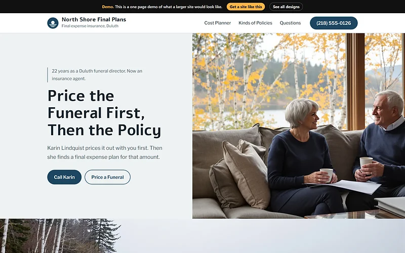 Final Expense Insurance website design, North Shore Quiet style, desktop view