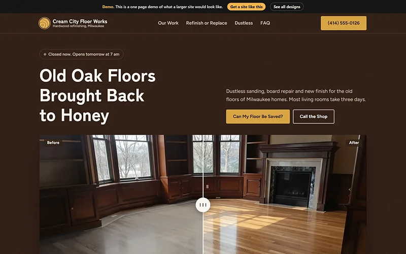 Flooring website design, Walnut and Honey style, desktop view