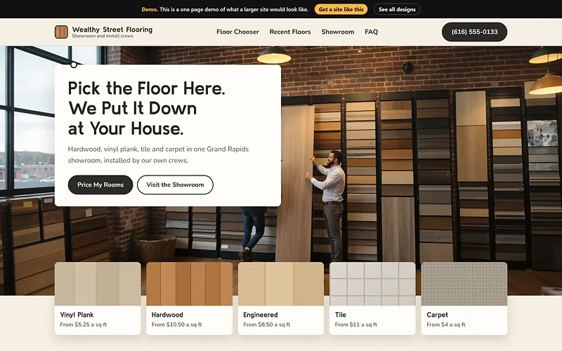 Flooring website design, Showroom Sample Wall style, desktop view