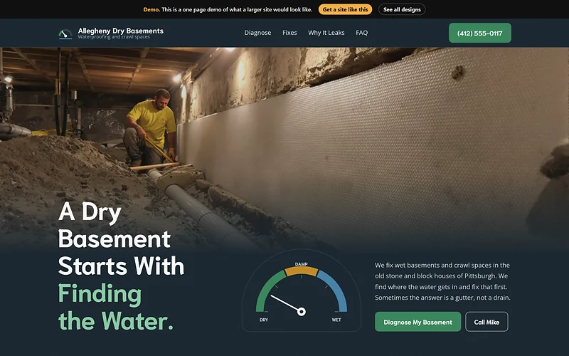 Basement Waterproofing website design, Slate Moisture Gauge style, desktop view