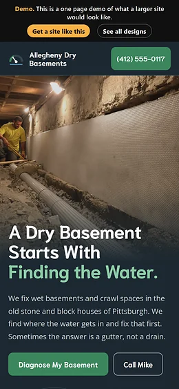 Basement Waterproofing website design on a phone
