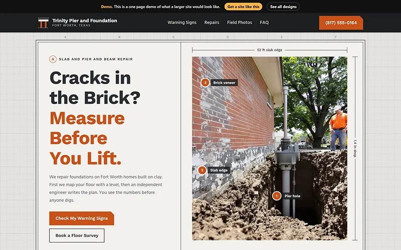 Foundation Repair website design, Engineering Sheet style, desktop view