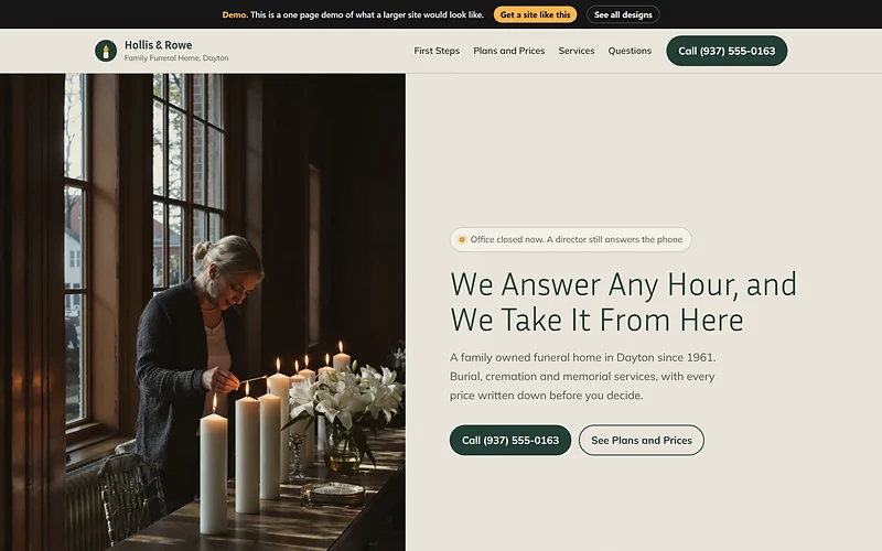 Funeral Home website design, Candle and Stone style, desktop view