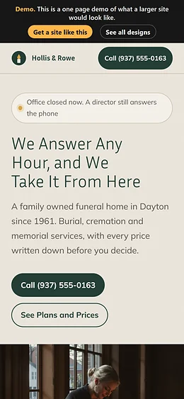 Funeral Home website design on a phone