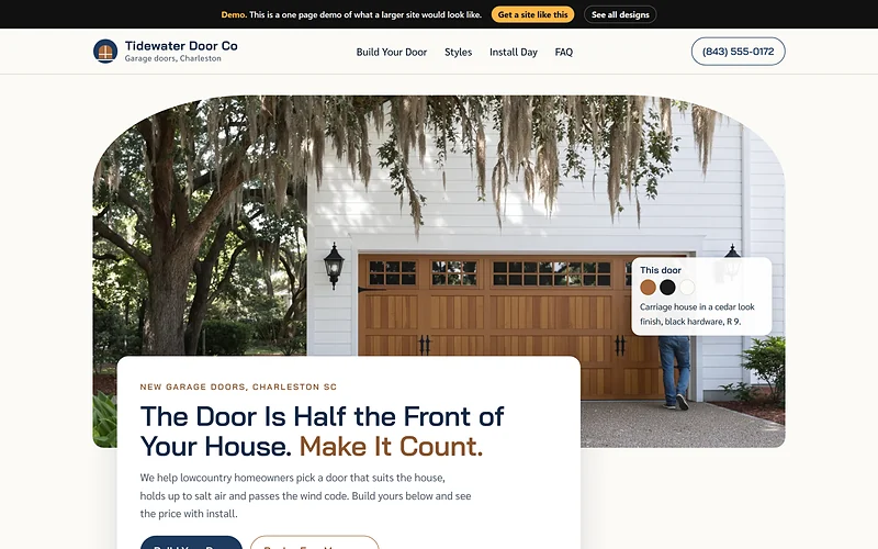Garage Doors website design, Lowcountry Curb Appeal style, desktop view