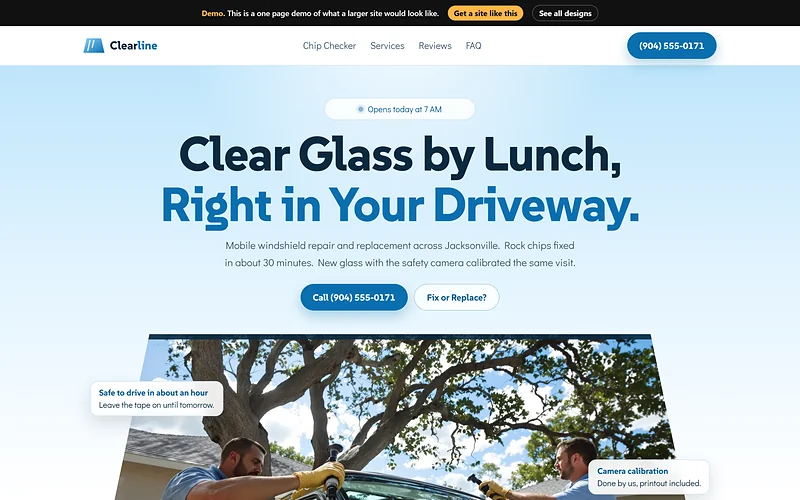 Auto Glass website design, Clear Sky Glass style, desktop view