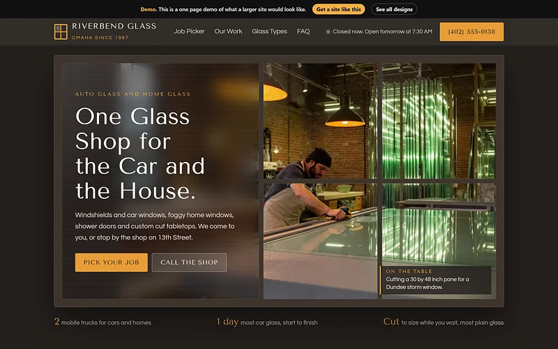 Glass Shop website design, Frosted Pane style, desktop view