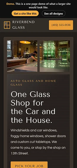 Glass Shop website design on a phone