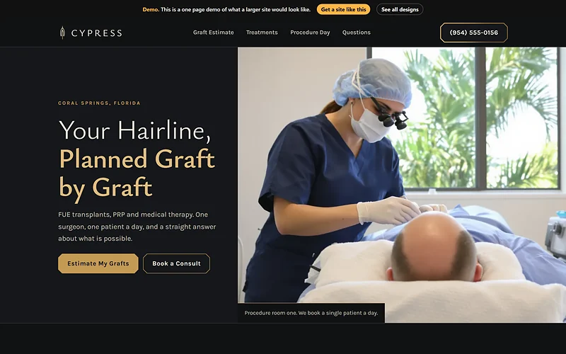 Hair Restoration website design, Graphite and Brass style, desktop view