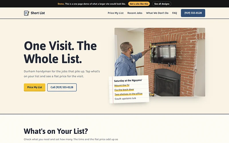 Handyman website design, Legal Pad and Pencil style, desktop view