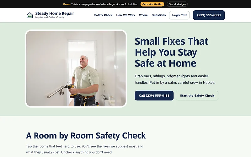 Handyman website design, Calm Large Print style, desktop view