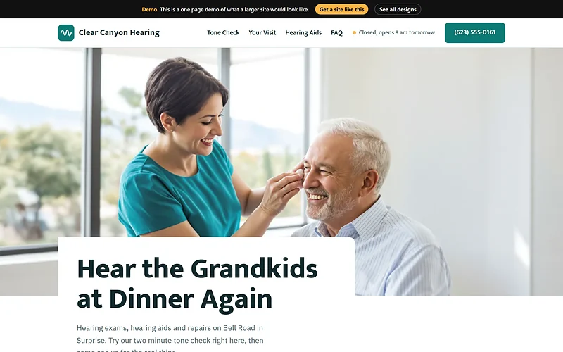 Hearing Aids website design, Clear Signal style, desktop view
