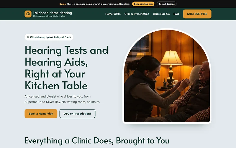 Hearing Aids website design, Kitchen Table Visit style, desktop view