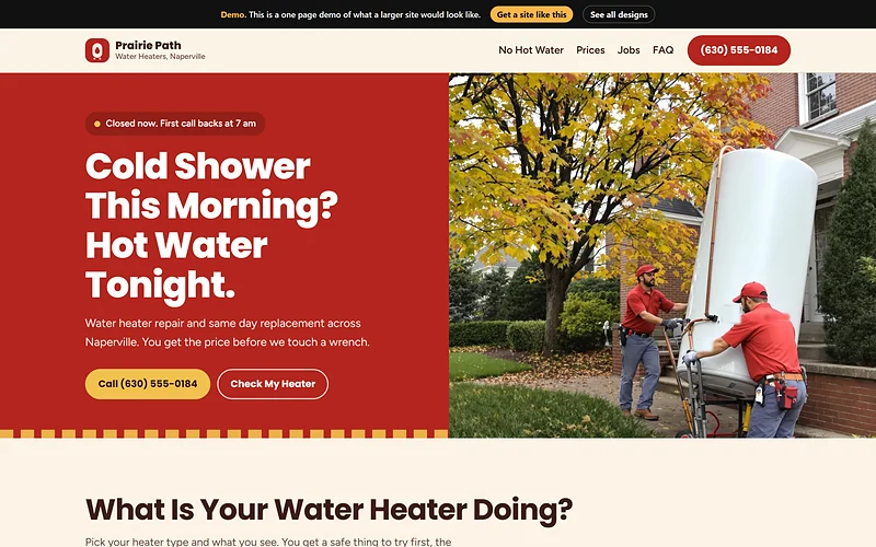 Water Heater Repair / Install website design, Hot Today Red style, desktop view