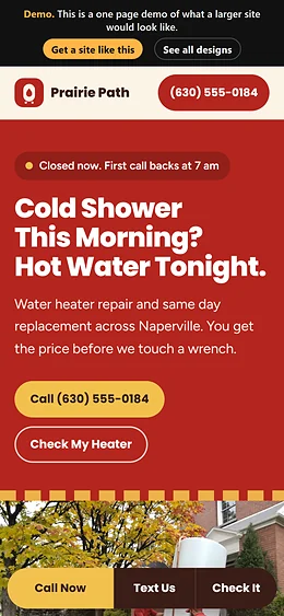 Water Heater Repair / Install website design on a phone