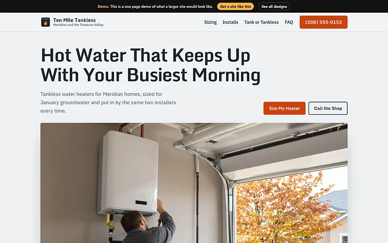 Water Heater Repair / Install website design, Steel and Flame style, desktop view