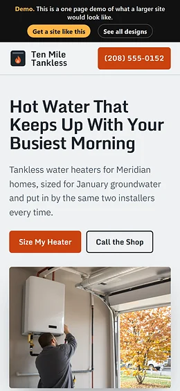 Water Heater Repair / Install website design on a phone