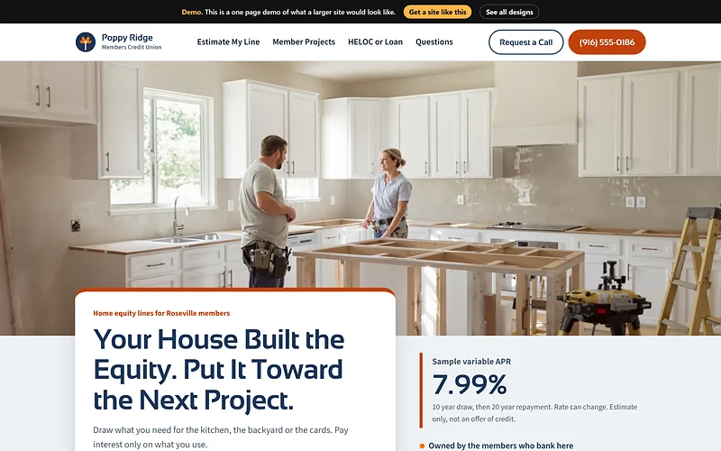 HELOC / Home Equity website design, Member Owned Poppy style, desktop view