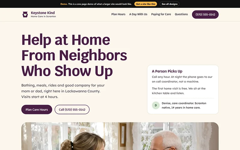 Home Health Care website design, Kitchen Table Warmth style, desktop view