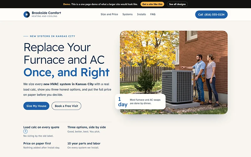 HVAC Installation website design, Cool Showroom style, desktop view