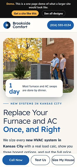 HVAC Installation website design on a phone