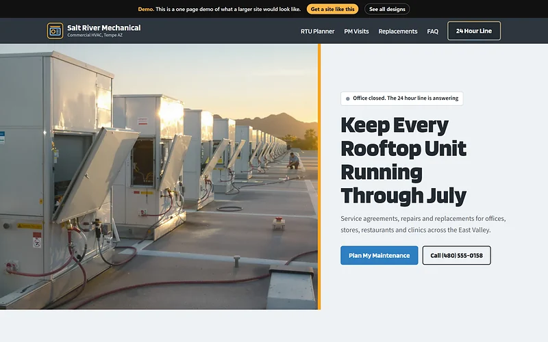 Commercial HVAC website design, Rooftop Roster style, desktop view