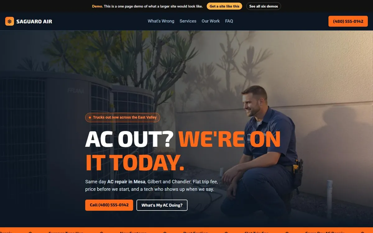 HVAC website design, Bold Dispatch style, desktop view