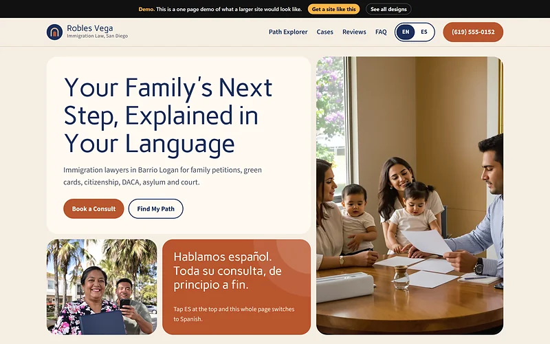 Immigration website design, Terracotta Bilingual style, desktop view