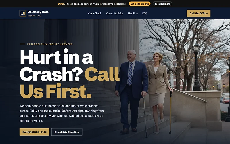 Personal Injury Law website design, Navy and Brass style, desktop view