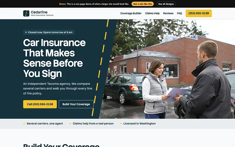 Auto Insurance website design, Wet Lane Lines style, desktop view