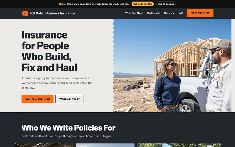Small Business Insurance website design, Job Ticket Orange style, desktop view