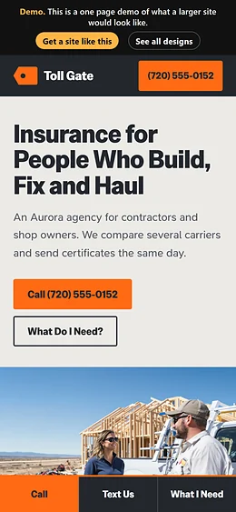 Small Business Insurance website design on a phone
