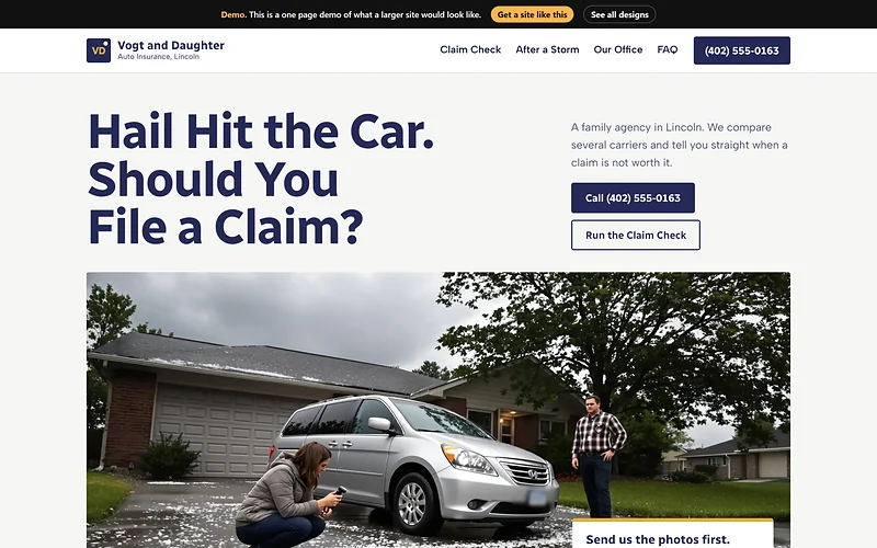 Auto Insurance website design, Storm Ledger style, desktop view