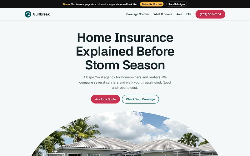 Home Insurance website design, Storm Season Calm style, desktop view