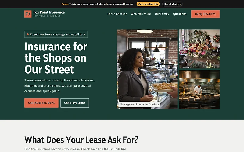 Small Business Insurance website design, Bottle Green Ledger style, desktop view