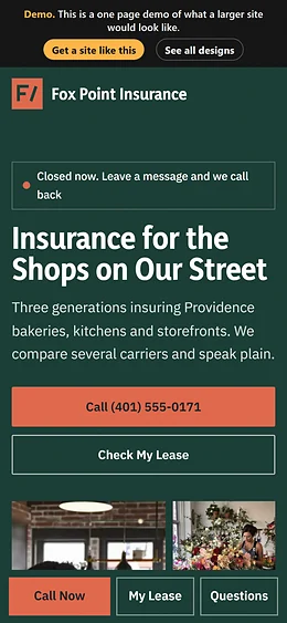 Small Business Insurance website design on a phone