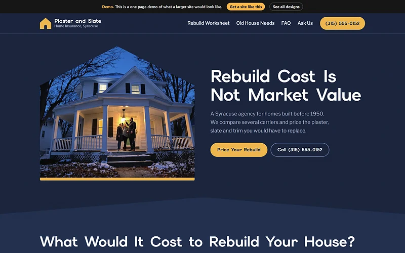 Home Insurance website design, Porch Light Navy style, desktop view