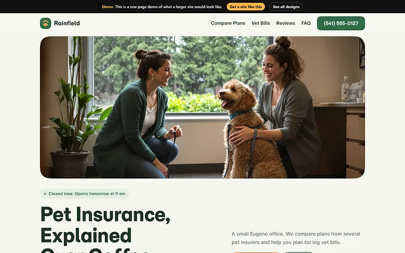 Pet Insurance website design, Moss and Apricot style, desktop view