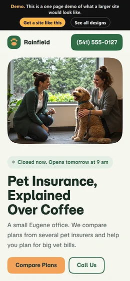 Pet Insurance website design on a phone