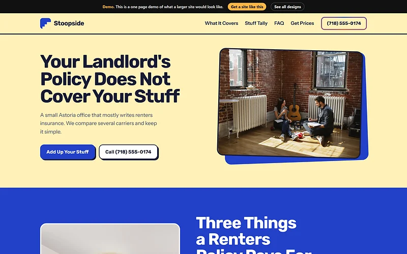 Renters Insurance website design, Walk Up Bold style, desktop view
