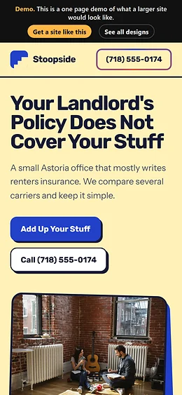 Renters Insurance website design on a phone