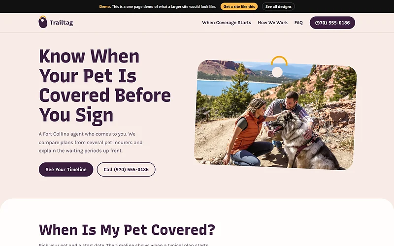 Pet Insurance website design, Trailhead Plum style, desktop view